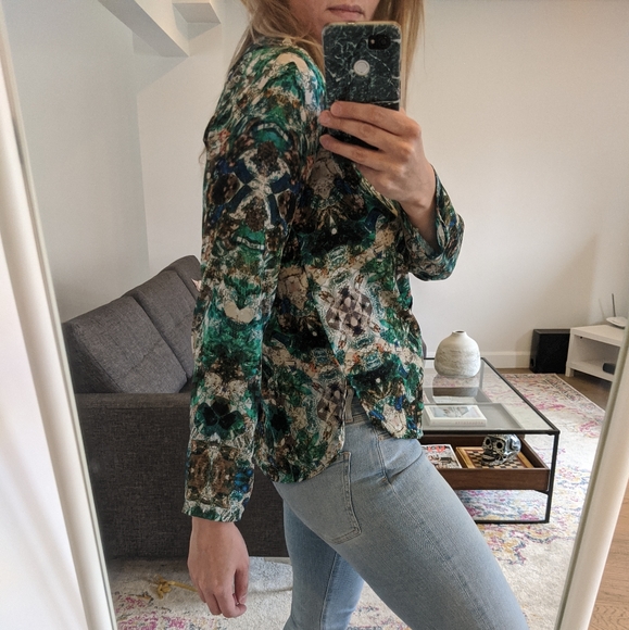 Zara Blouse Jewel Printed Green Dressy Blouse Top - Picture 3 of 7